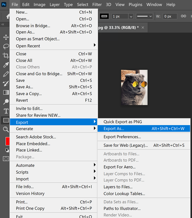 exporting a photo in Adobe Photoshop