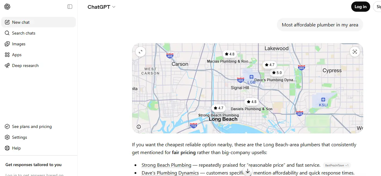 ChatGPT search for local plumbers